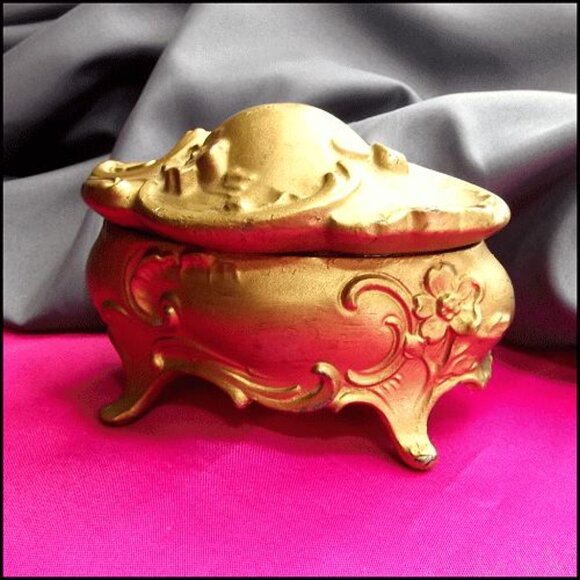 Antique Victorian Art Nouveau Gold Jewelry Box Casket w Pink Silk - Picture 3 of 6